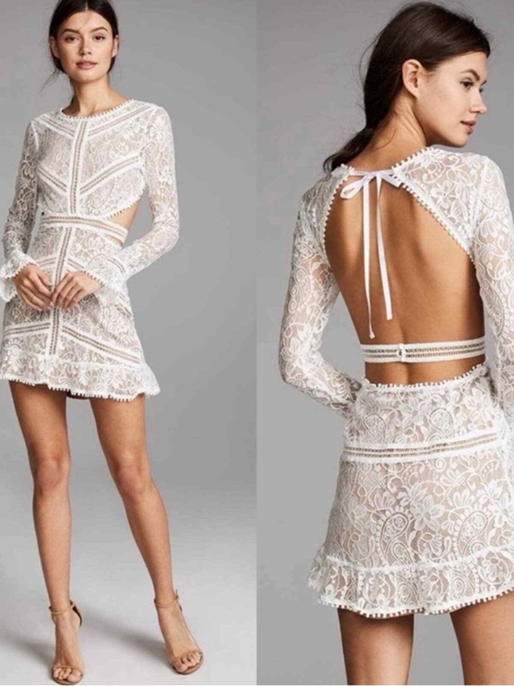 For Love & Lemons Emerie White Lace Open-Back Mini Dress